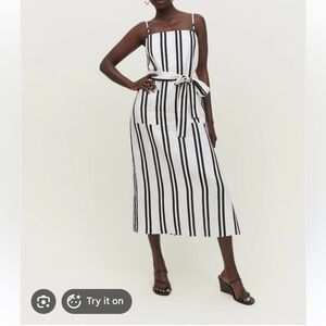 Reformation Daphne linen stripe midi pocket dress SZ XS belt black white